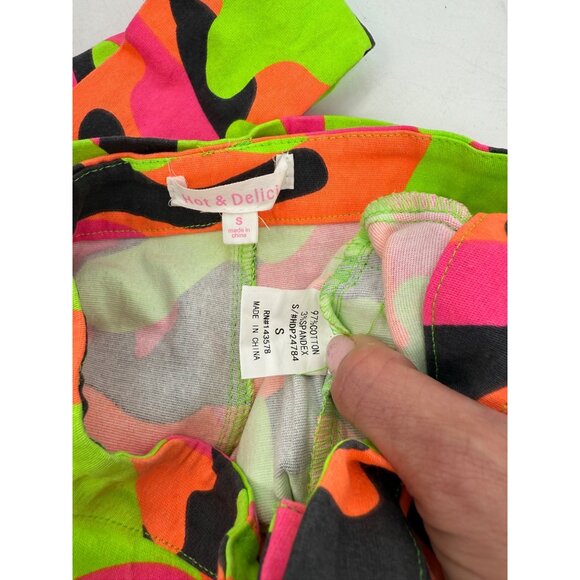 Hot & Delicious Neon Camo Print High-Waisted Festival Shorts w/Belted Design S - Picture 4 of 10